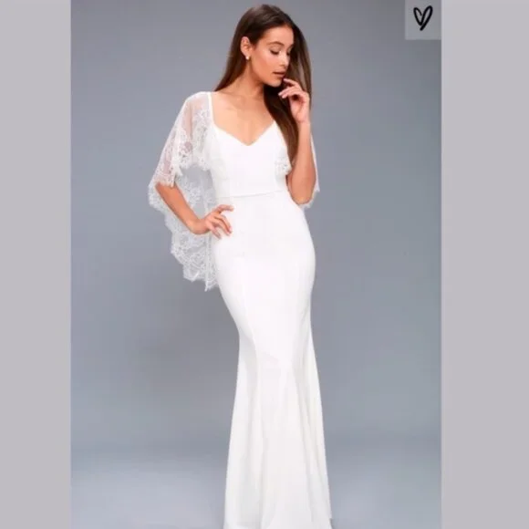 Lulus White Lace Overlay Bridal Gown With V-Back & Flutter Sleeves - Picture 1 of 10